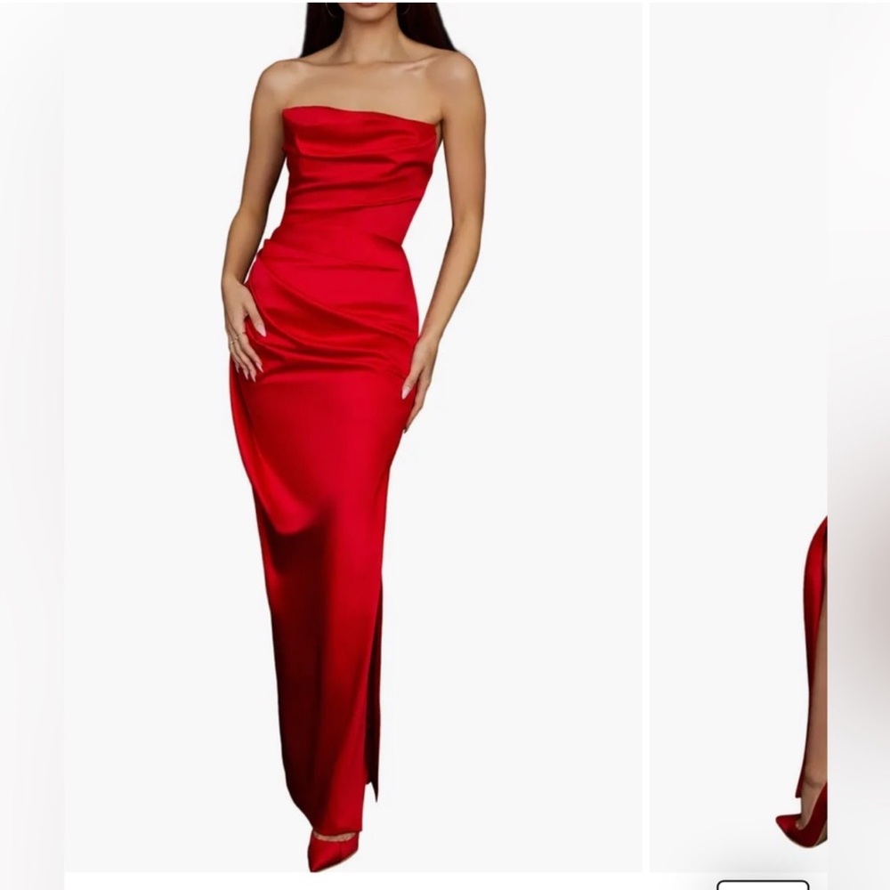 House of CB Adrienne Gathered Satin Strapless Gown Maxi Dress Scarlet Red XS